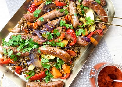 Sausage, Puy Lentil and Roast Vegetable Hot Pot