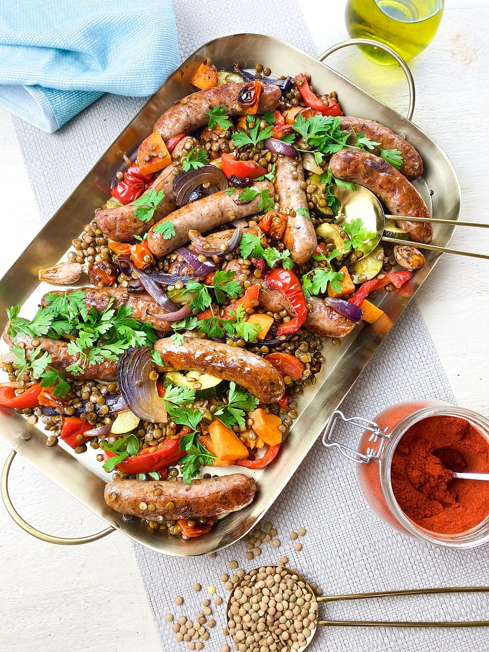 Sausage, Puy Lentil and Roast Vegetable Hot Pot Little Fusspot